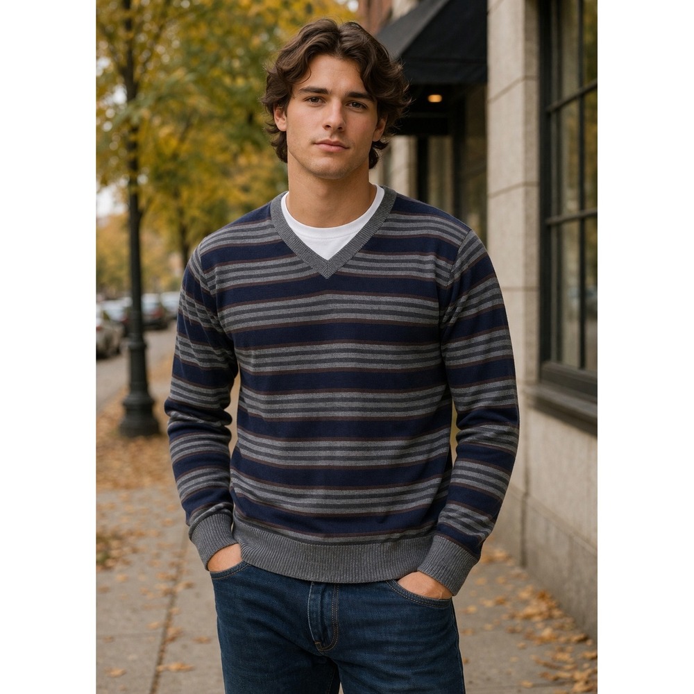 Gap‎ Merino Wool V Neck Sweater Mens L Striped Blue Gray Knit